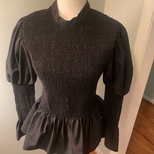 SHEIN Black Smocked Peplum Blouse,L